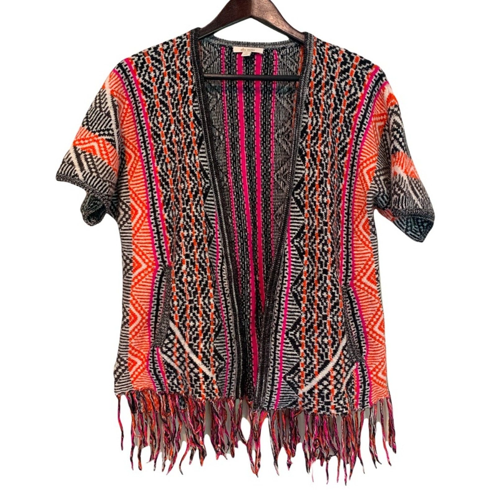 Ella Moss Cardigan Sz Xs Open Front Short Sleeve Fringed Boho Festival